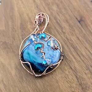 Copper Tone Wire Wrapped Blue Marbled Stone Necklace Pendant Crystal Accents